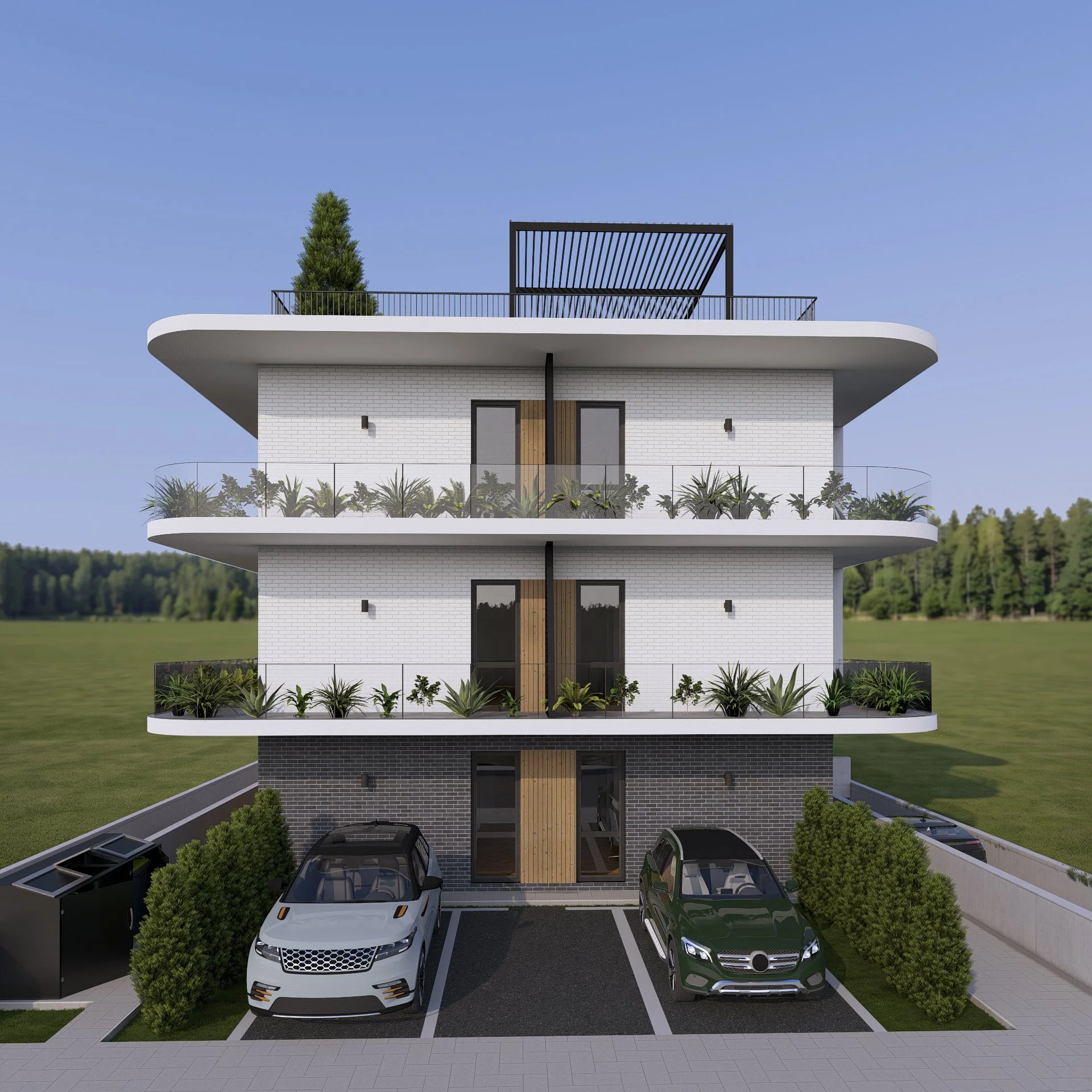 Fațada laterală a imobilului, cu balcoane plantate, pergolă pe acoperiș și locuri de parcare la sol. Restul mașinilor stau la subsol, ca să rămână curtea verde. Proiect ARHIDUAL.