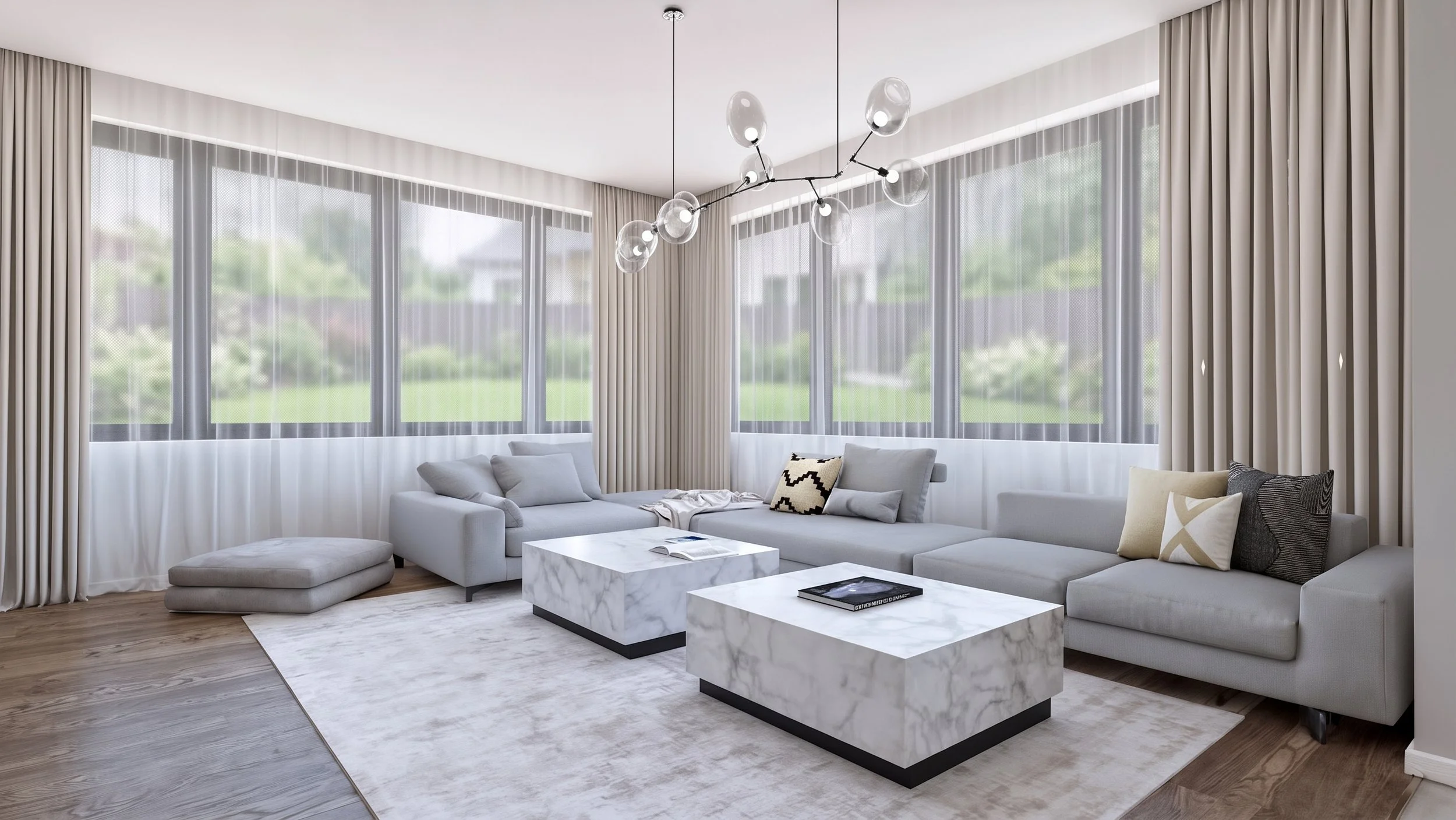 Living generos cu canapea modulară gri, ferestre mari și draperii ușoare, într-un ambient contemporan de lux. Design interior ARHIDUAL, București.