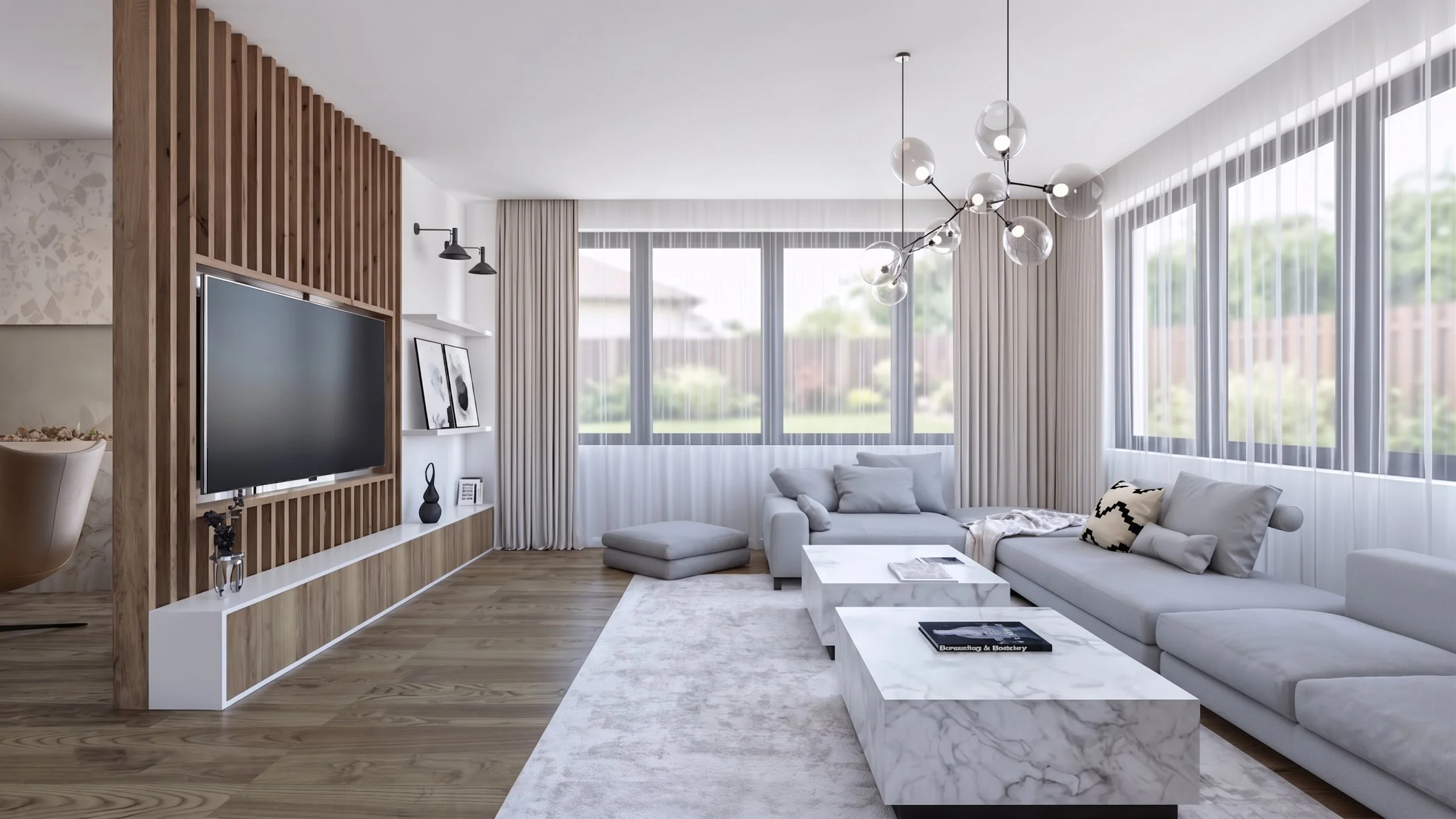 Vedere de ansamblu asupra livingului, cu perete TV pe lamele de lemn, canapea gri și măsuță din marmură. Design interior ARHIDUAL, București.