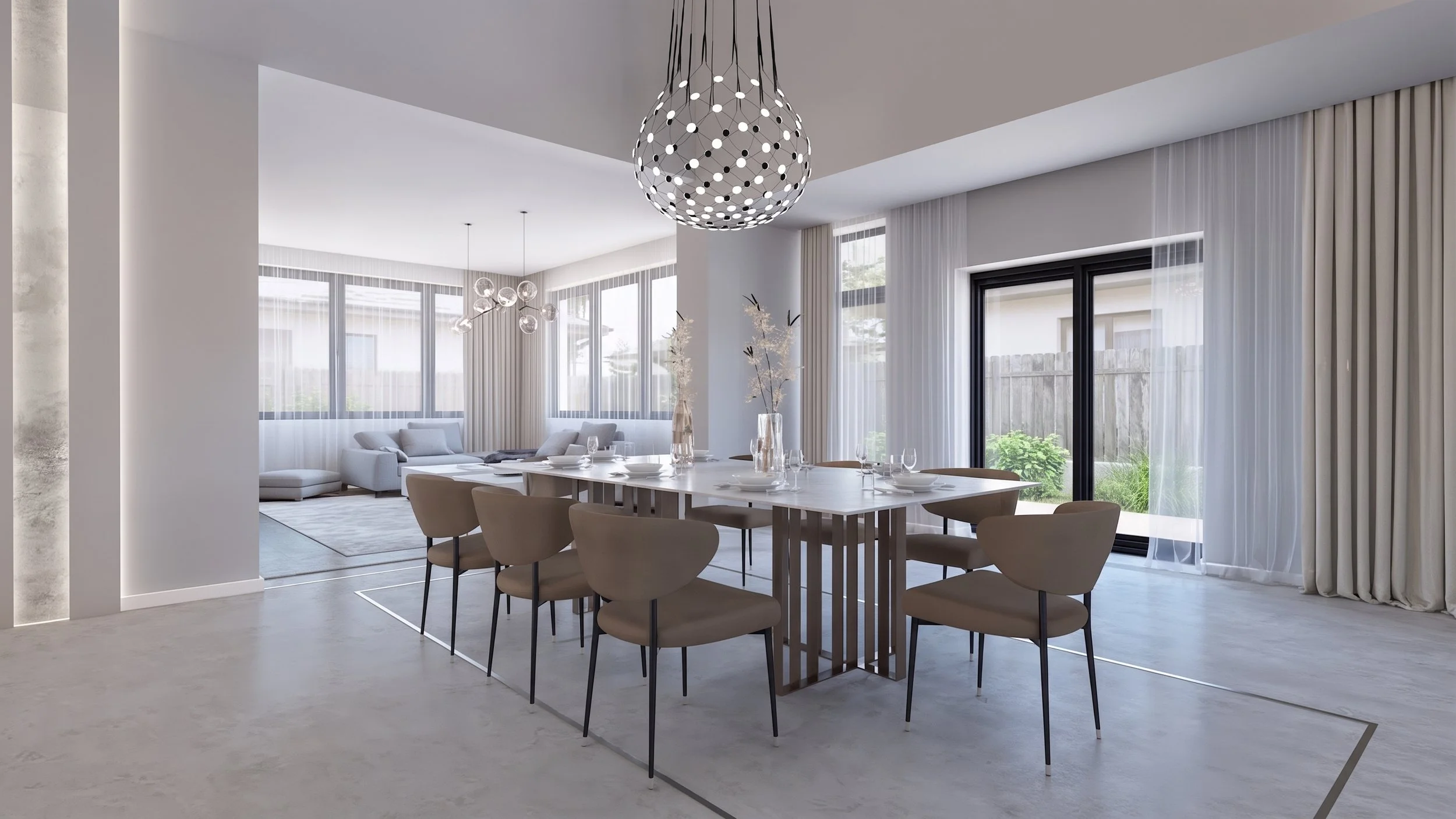 Zonă de dining cu masă lungă pentru oaspeți, scaune tapițate și candelabru din cristal, lângă ferestre mari. Design interior ARHIDUAL.