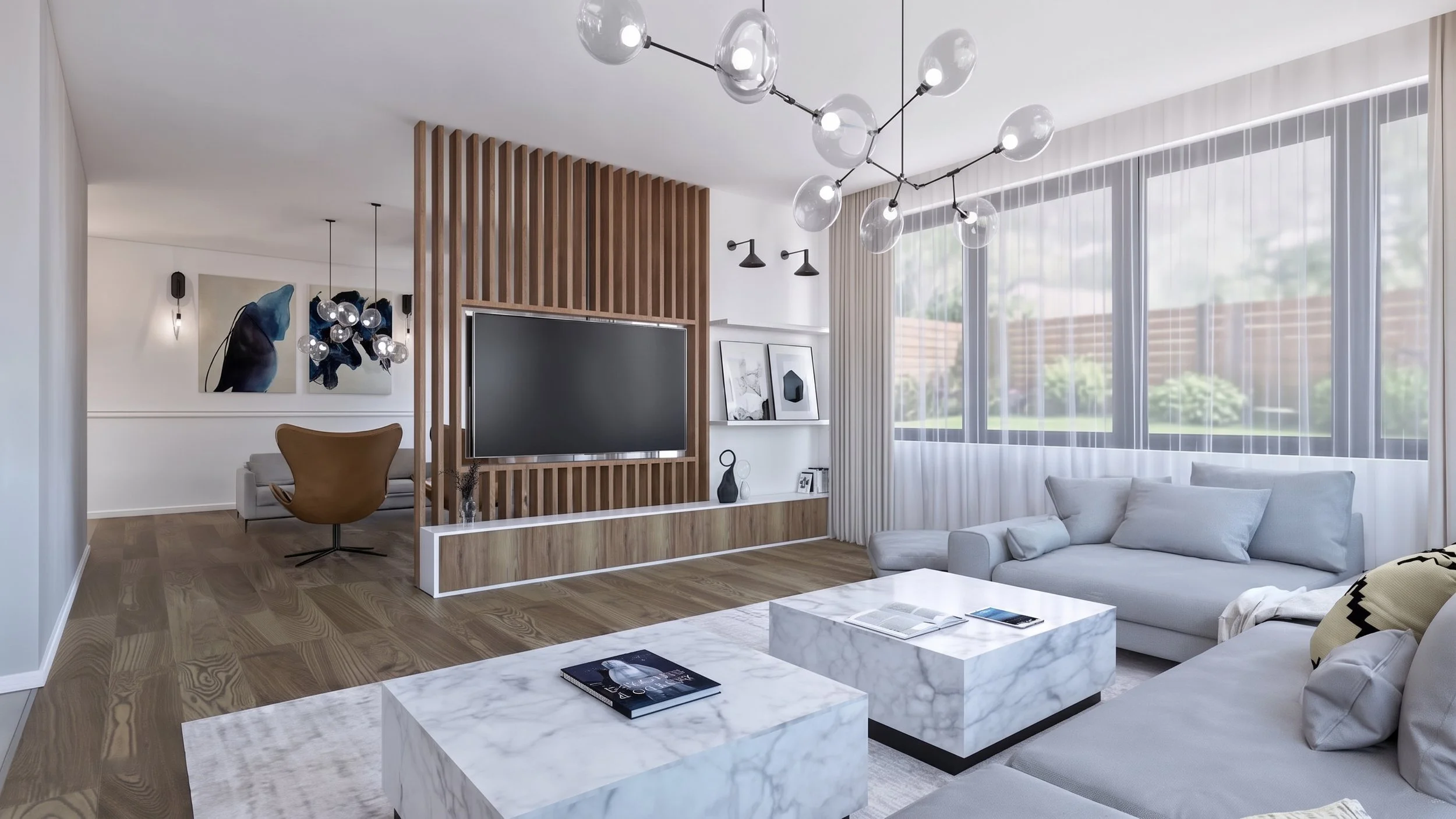 Living contemporan cu perete TV din lamele de lemn, canapea gri, măsuță din marmură și candelabru modern. Proiect de design interior ARHIDUAL, 300 mp.