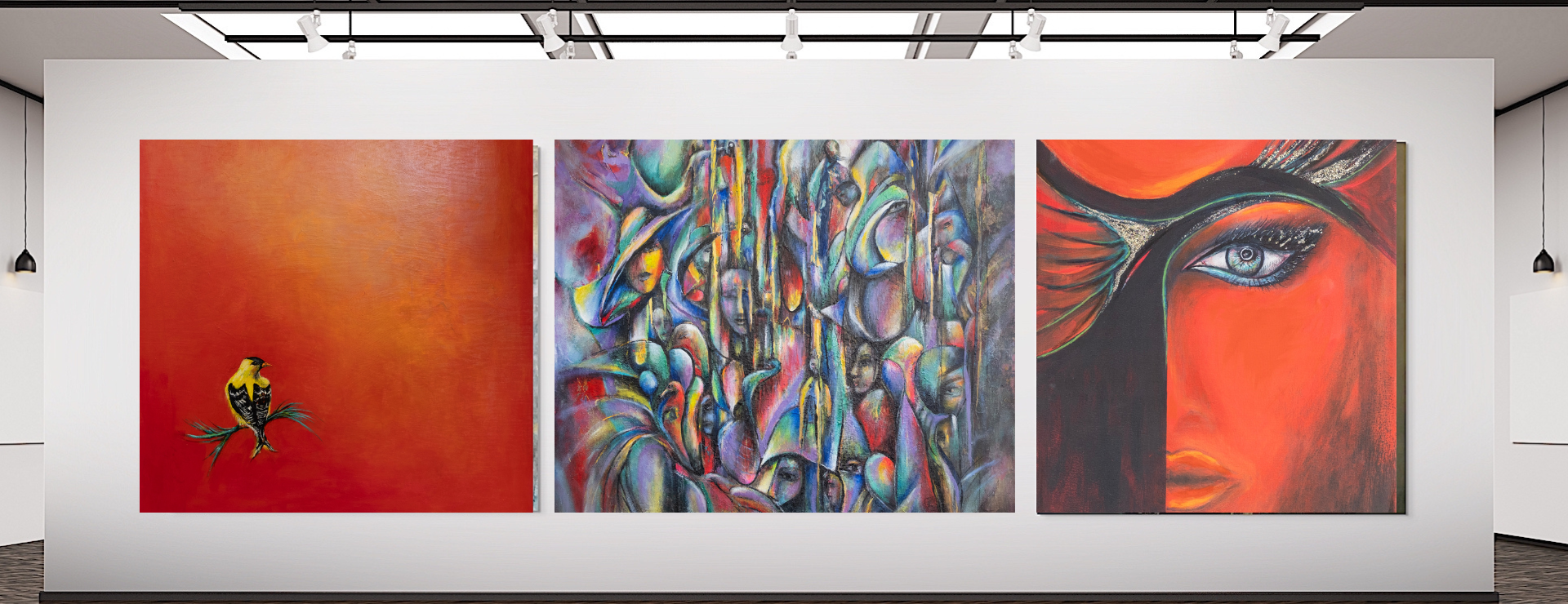 Art gallery wall displaying three abstract paintings; left features a yellow bird on red-orange background, center is a colorful abstract with faces, right shows a close-up of an eye on red background.