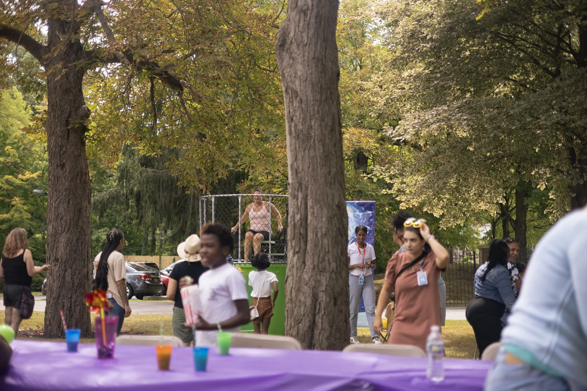 Outdoor event with people gathered around a dunk tank and picnic table.