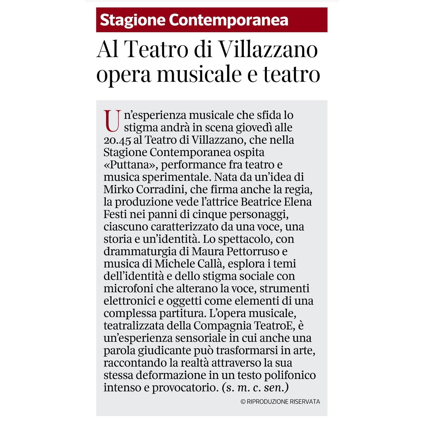 Un’esperienza che scuote e coinvolge.
Venerdì sera al Teatro di Villazzano va in scena Puttana, opera musicale e teatrale firmata da Mirko Corradini, con Beatrice Elena Festi in cinque intensi ruoli. Una riflessione provocatoria e sensor