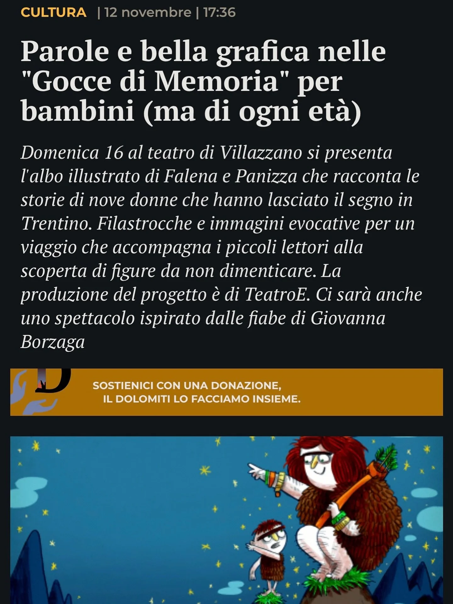 📚 Grazie a Il Dolomiti per il bell&rsquo;articolo dedicato a &ldquo;Gocce di Memoria&rdquo;!
Domenica 16 novembre al Teatro di Villazzano presentiamo l&rsquo;albo illustrato di Falena e Panizza, un viaggio tra filastrocche e immagini evocative che r