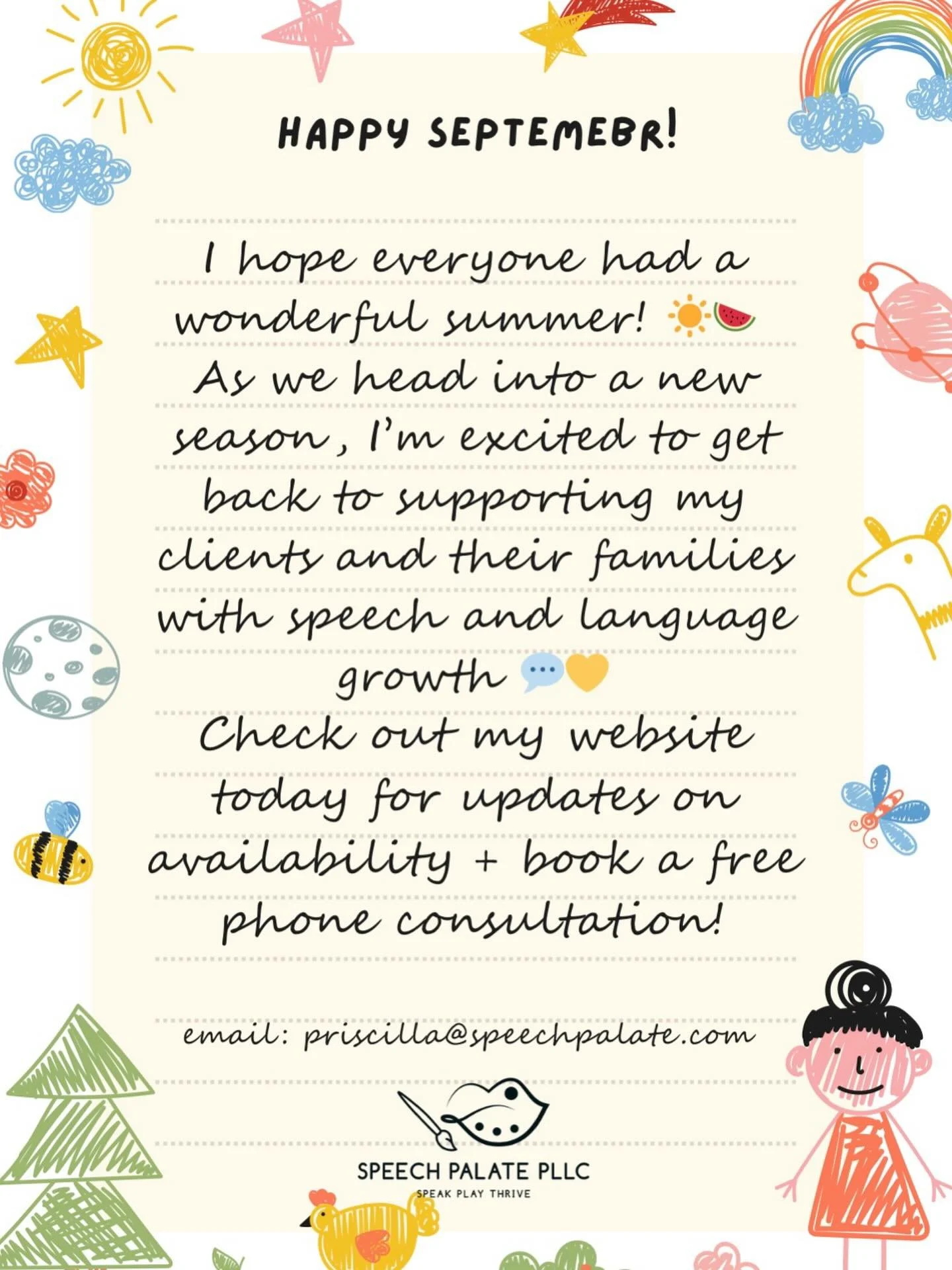 Visit my website to book a free phone consultation, or email me for info on all pediatric speech and language services!
Send me an 📧 at priscilla@speechpalate.com 🤗