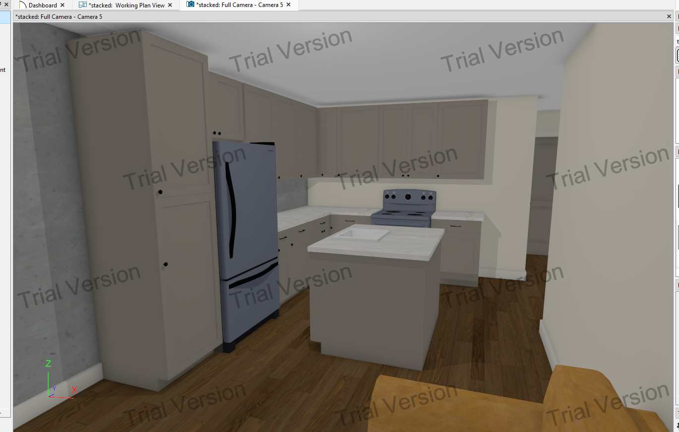 A digital rendering of a modern kitchen with light beige cabinets, a stainless steel refrigerator, a white island with a sink, a gray stove, and hardwood floors.