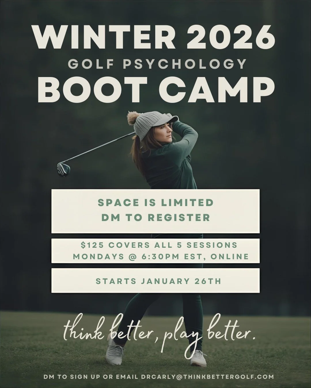 Join my golf psychology bootcamp in January 2026!

Why? Most golfers leave their mindset up to chance. Top golfers mobilize their best golf mindset intentionally, and this course will help you do just that. 

This bootcamp condenses what I consider t