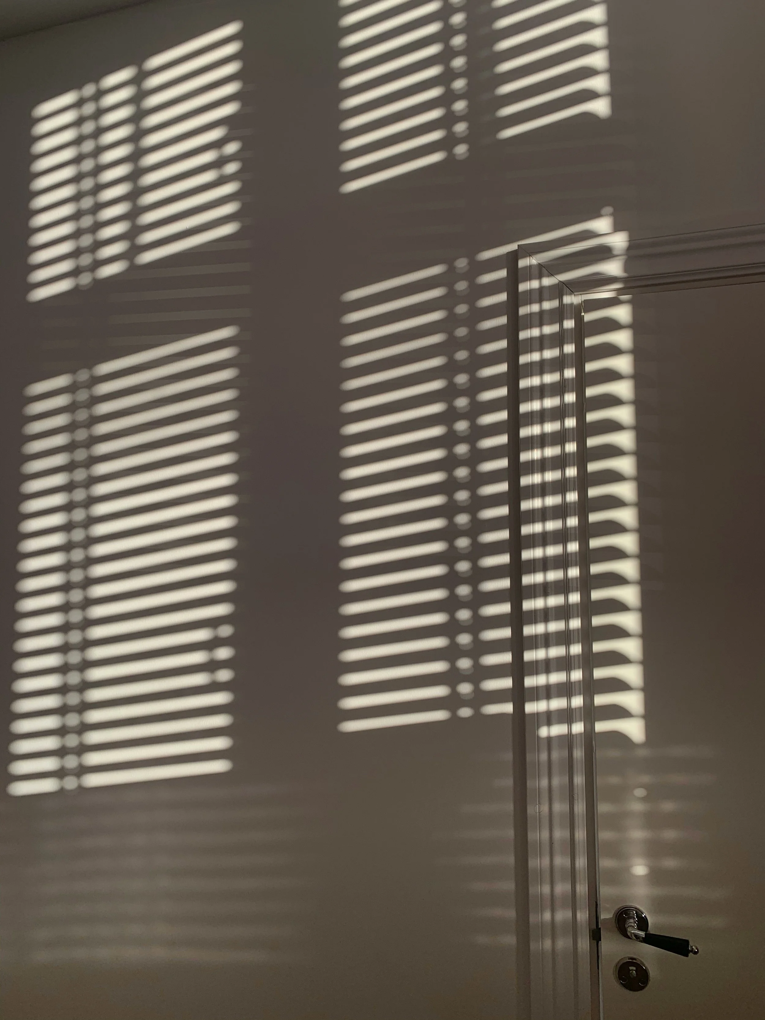Sunlight coming through window blinds creating striped shadow patterns on a wall and a door.