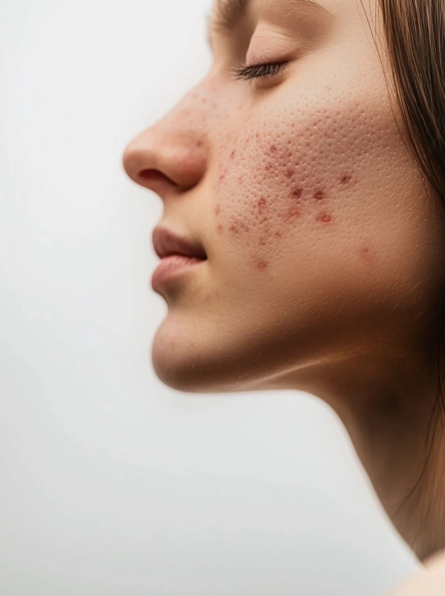 Close-up of a woman's face showing acne and skin redness on her cheek.