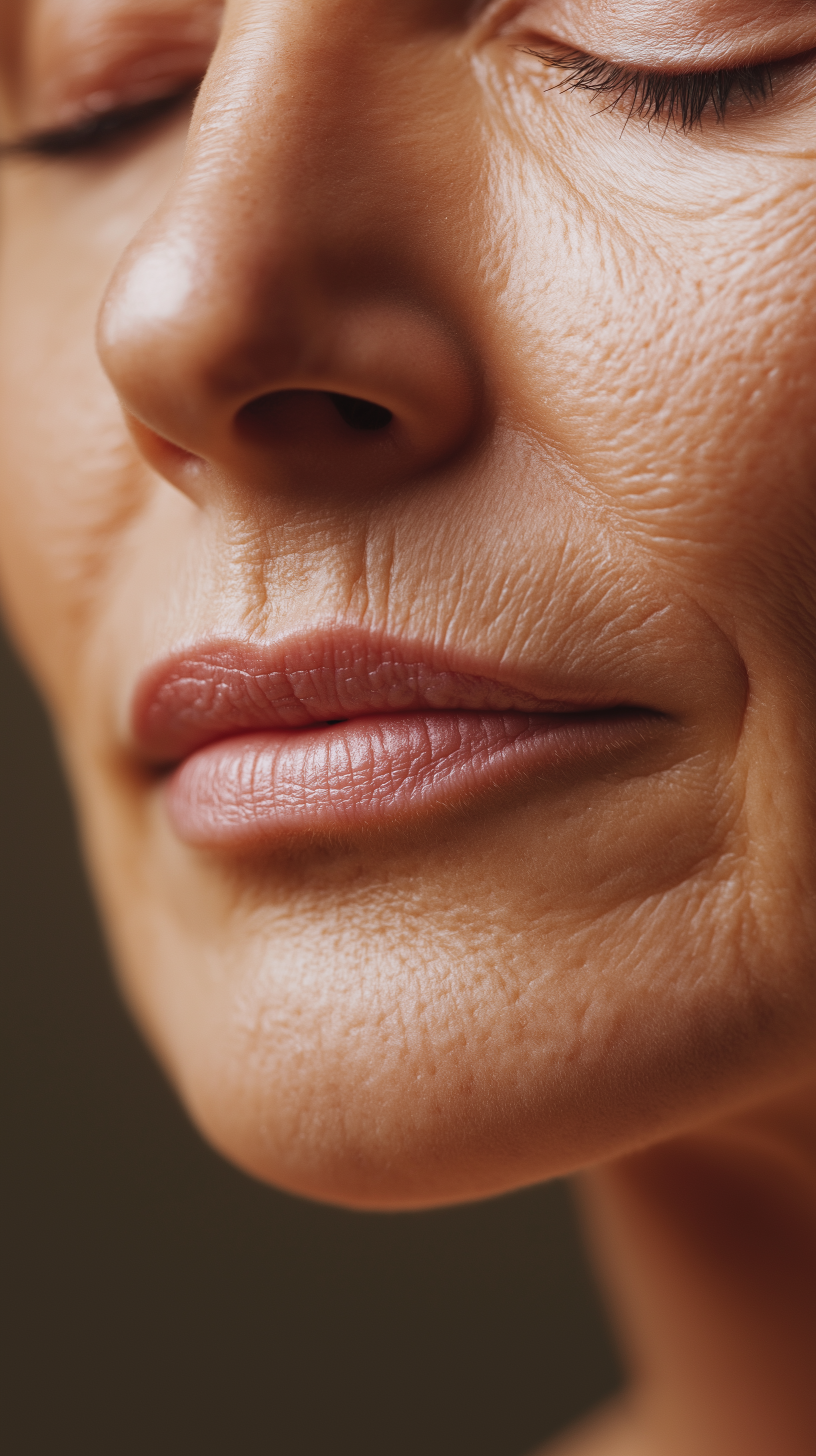 Close-up of a person's face with closed eyes, showing textured skin and full lips.