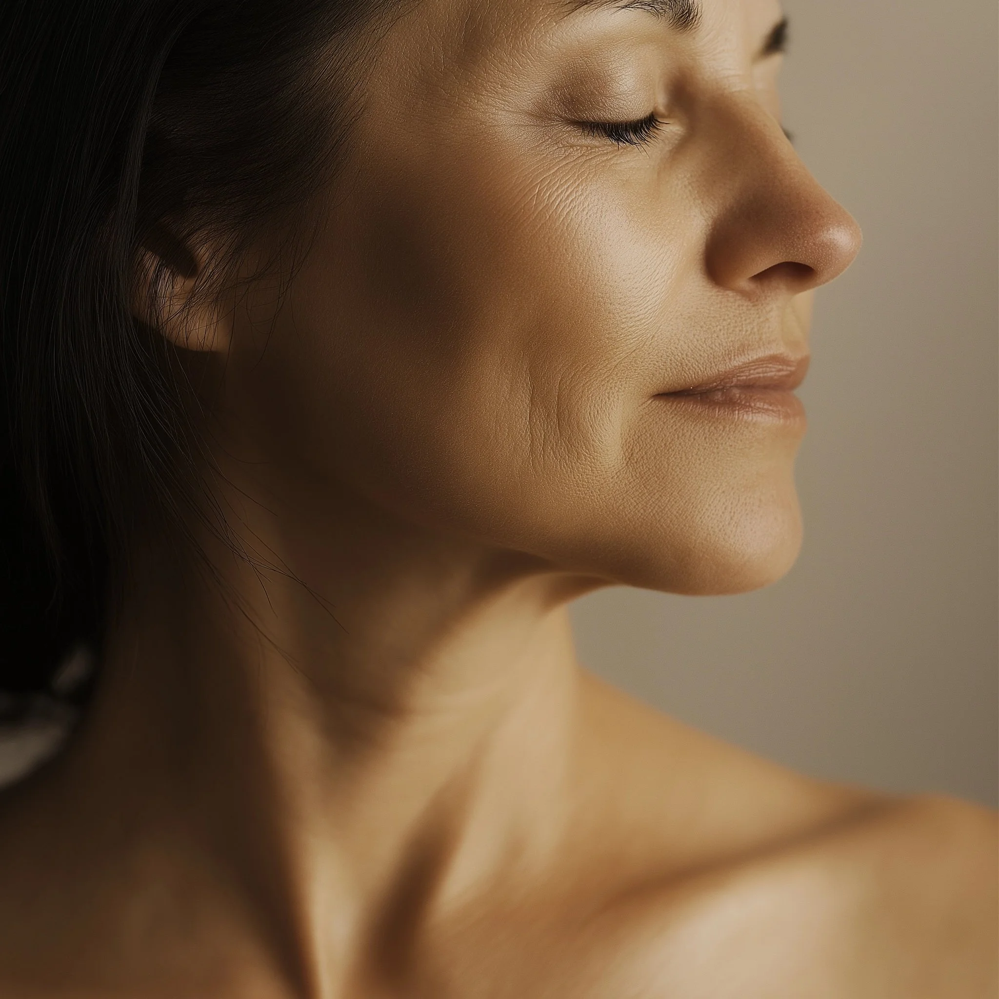 Close-up of a woman with medium skin tone, closed eyes, and dark hair, in profile, with smooth skin and a serene expression.
