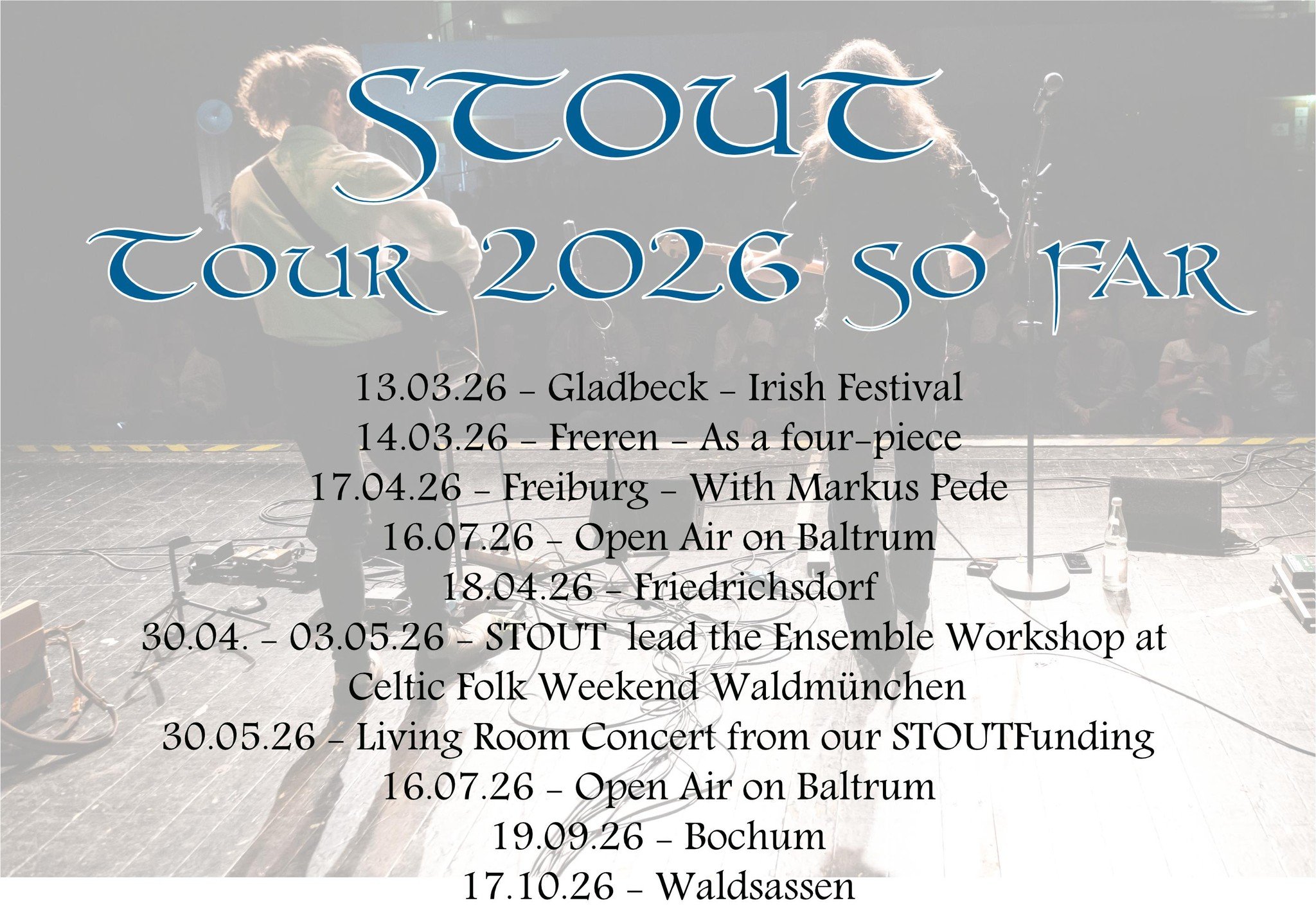 Old year's done for us, new year to come. In 2026 we already have a good set of comfirmed gigs, MORE TO COME!
Das alte Jahr ist rum, das neue kommt. In 2026 haben wir schon ein nettes P&auml;kchen an Gigs best&auml;tigt, DA KOMMT NOCH MEHR!

13.03.26