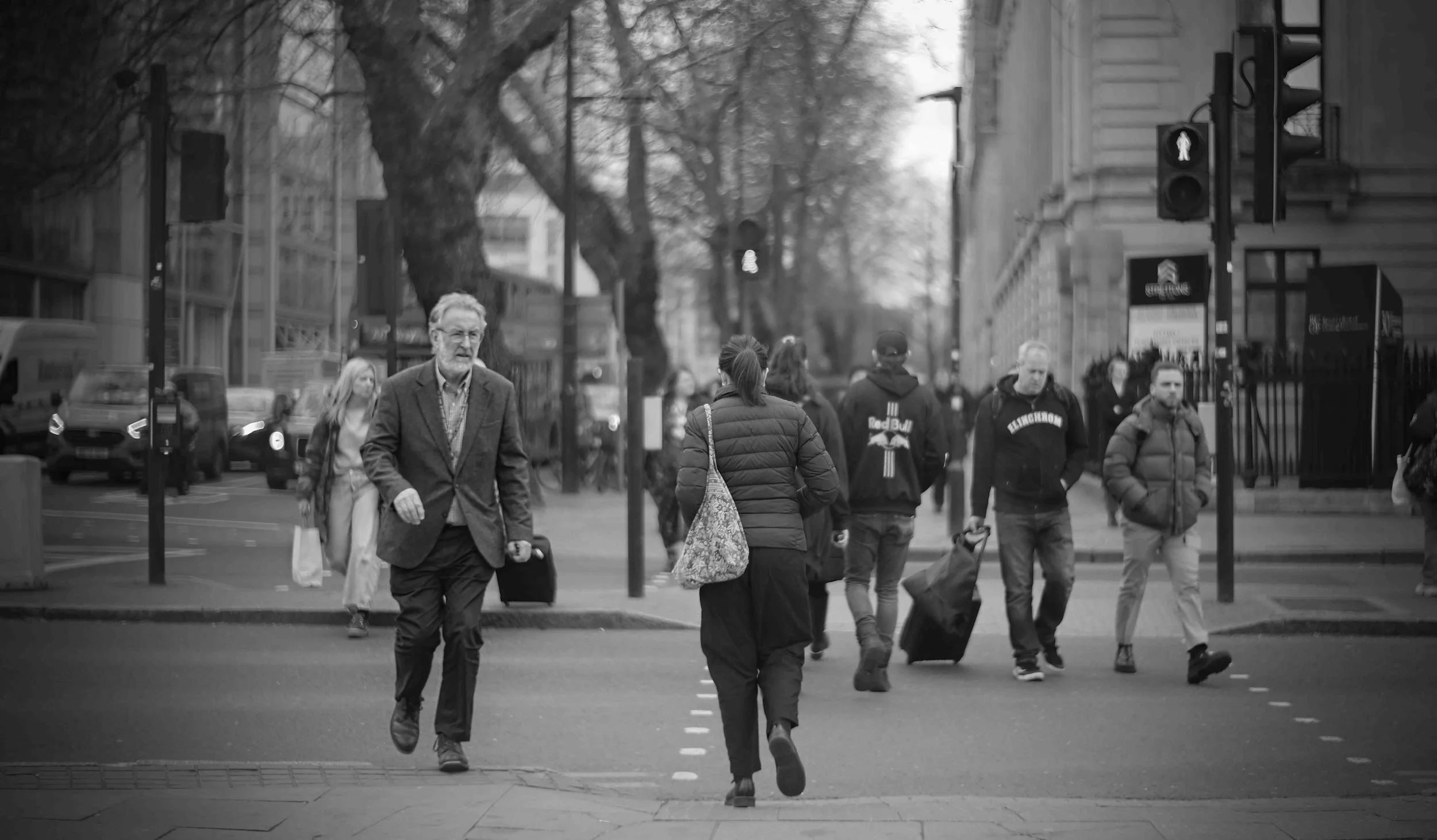 The light changed, and the city moved.
An elderly man stepped forward, his face lined with years of experience, his grip firm on the handle of his briefcase. His gaze was steady, focused ahead. Across from him, a woman in a puffer jacket carried a f