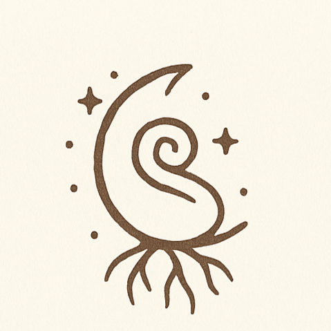Simple brown line drawing of a crescent moon with a spiral inside, surrounded by small stars and dots.