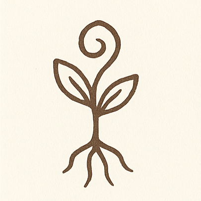 Simple line drawing of a sprouting plant with leaves, a curled stem, and roots.