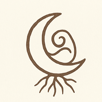 Drawing of a crescent moon with a spiral design inside, rooted with tree roots at the bottom.