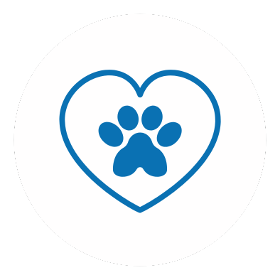 Blue paw print inside a heart outline on a white background.