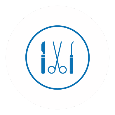 Icon with scissors, dental pick, and dental mirror representing dental tools in a circular design.