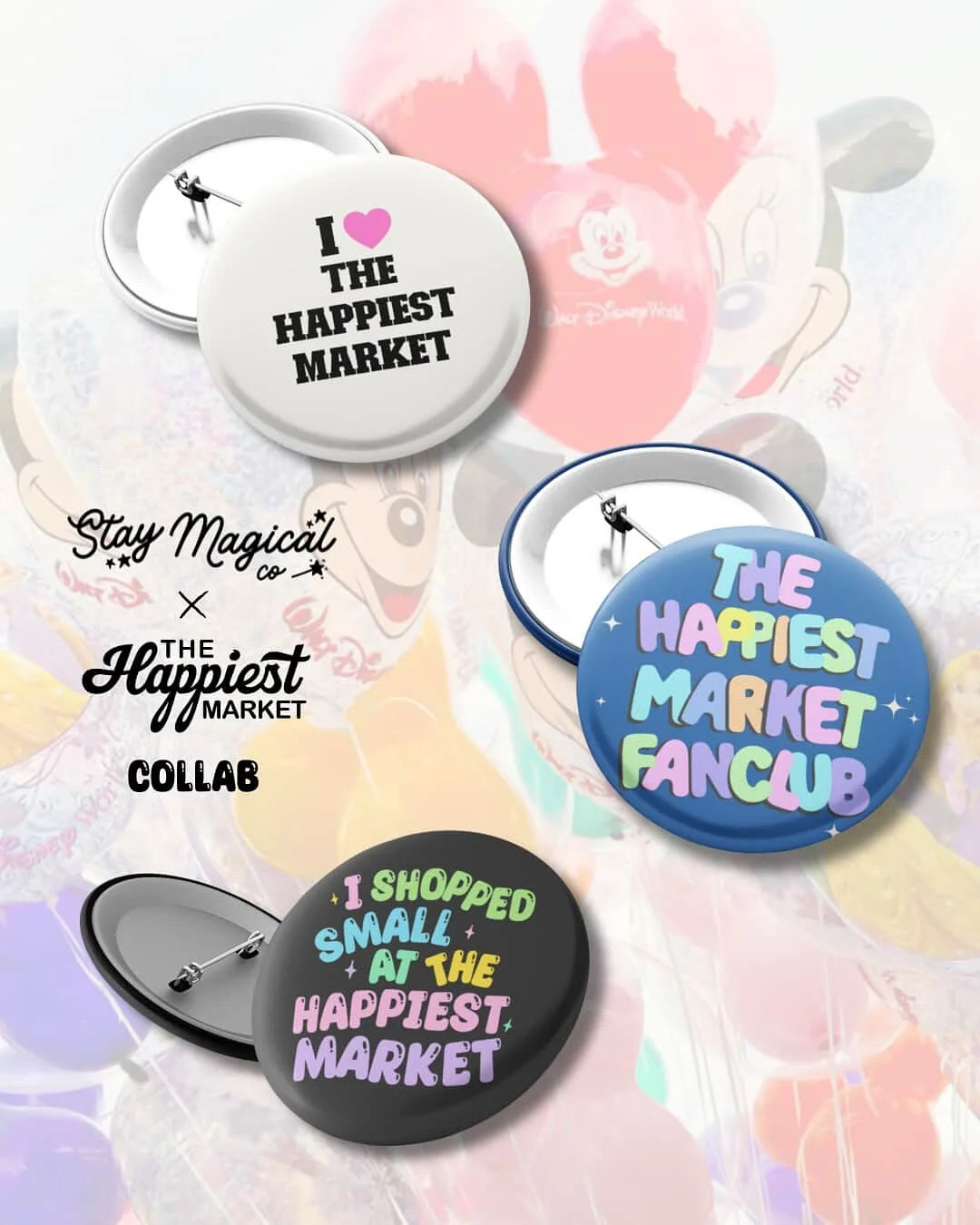 ✨ NEW COLLAB ALERT ✨
We&rsquo;ve teamed up with our friends at @staymagicalco for our FIRST and cutest collab ever!!! 

These buttons are perfect for showing off your market and small business pride 💖

🎀 You&rsquo;ll be able to pick these up in per
