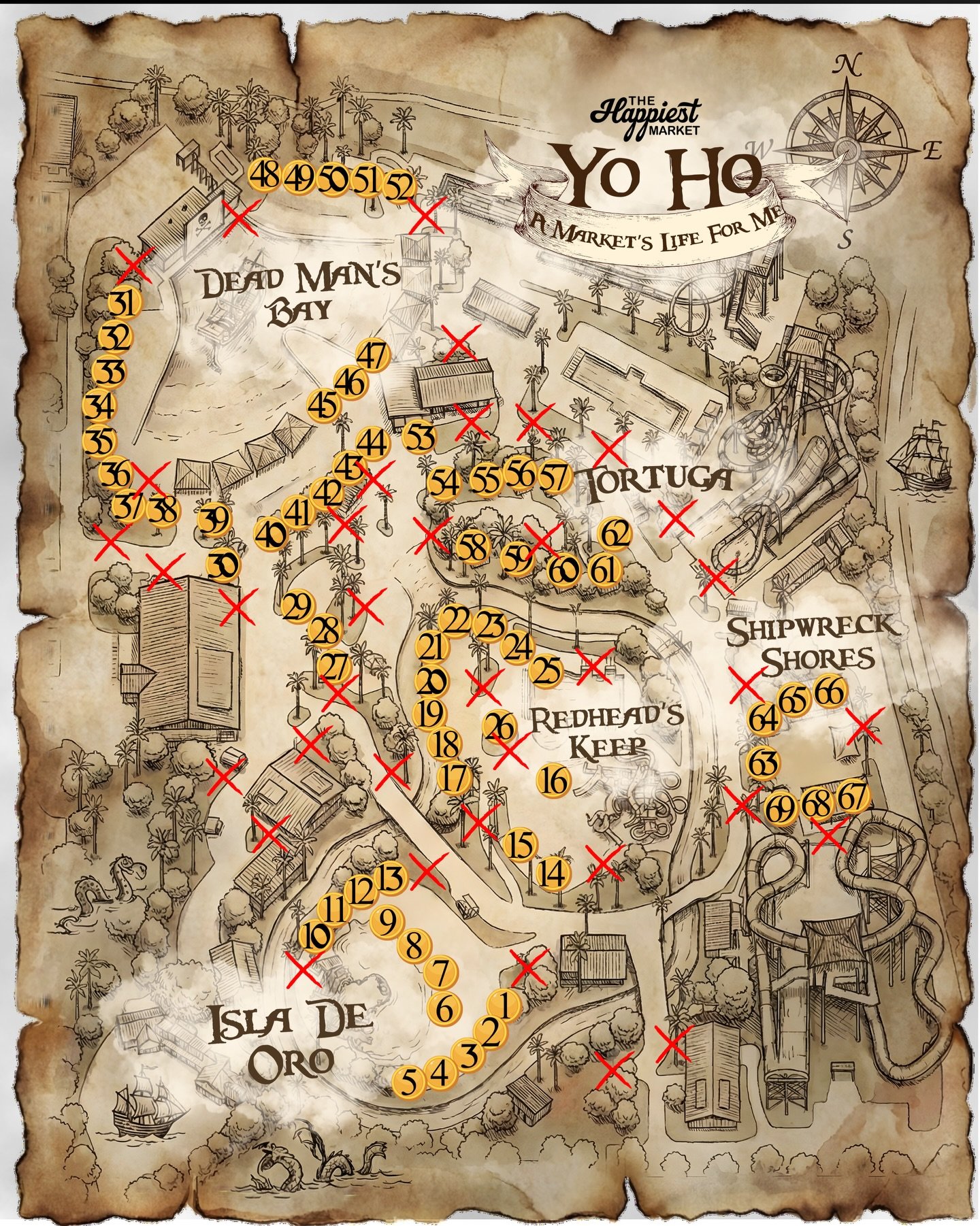 ❌ MARKS THE SPOT

We&rsquo;ll be hiding 36 treasures throughout the park, and this map will be your guide! Each X marks an approximate area where a treasure can be found! Look hard because some may be harder to find than others ☠️

One treasure per p