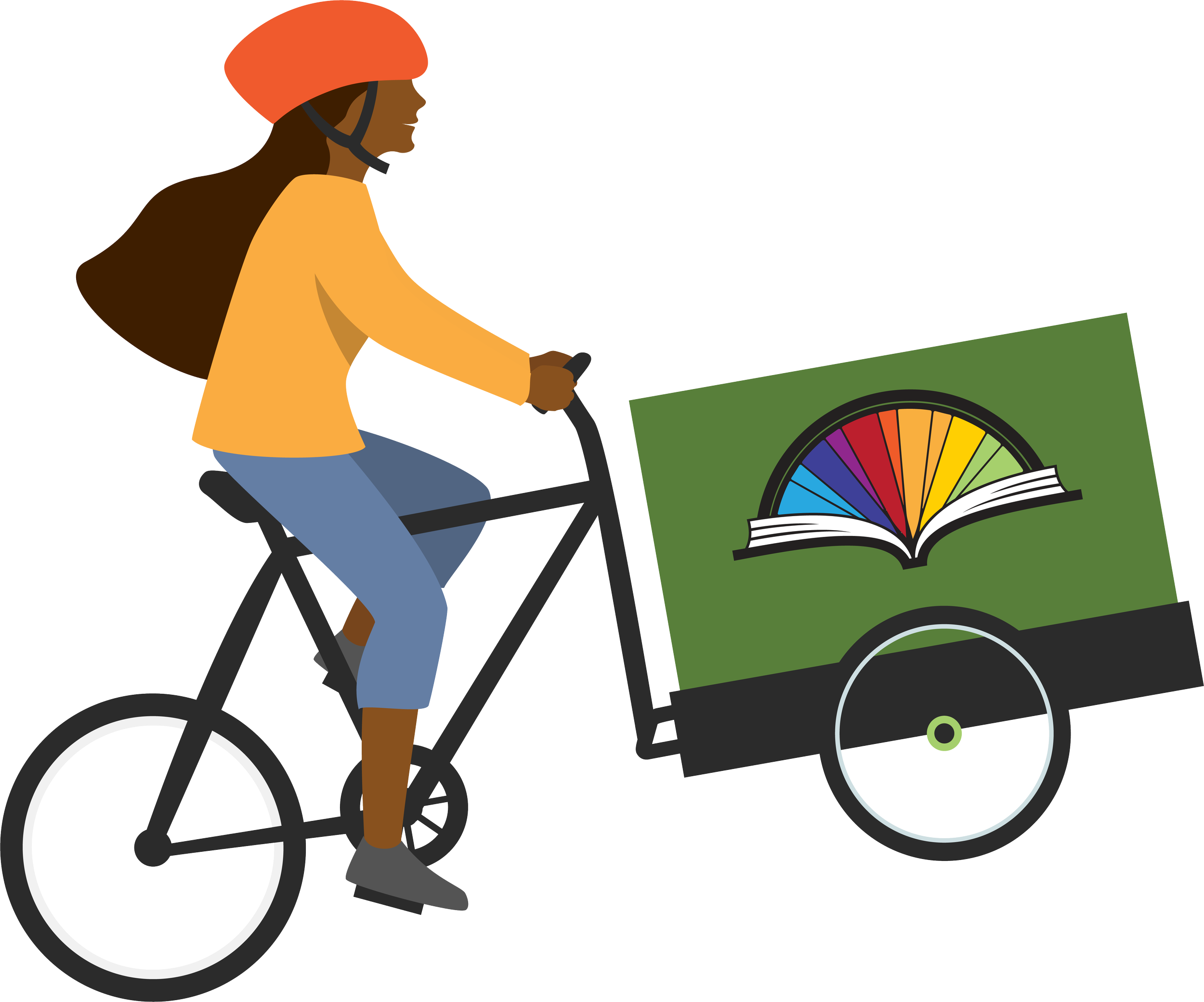 A woman riding a bicycle with a cart attached, featuring an open book with a colorful rainbow of sections in the cover.