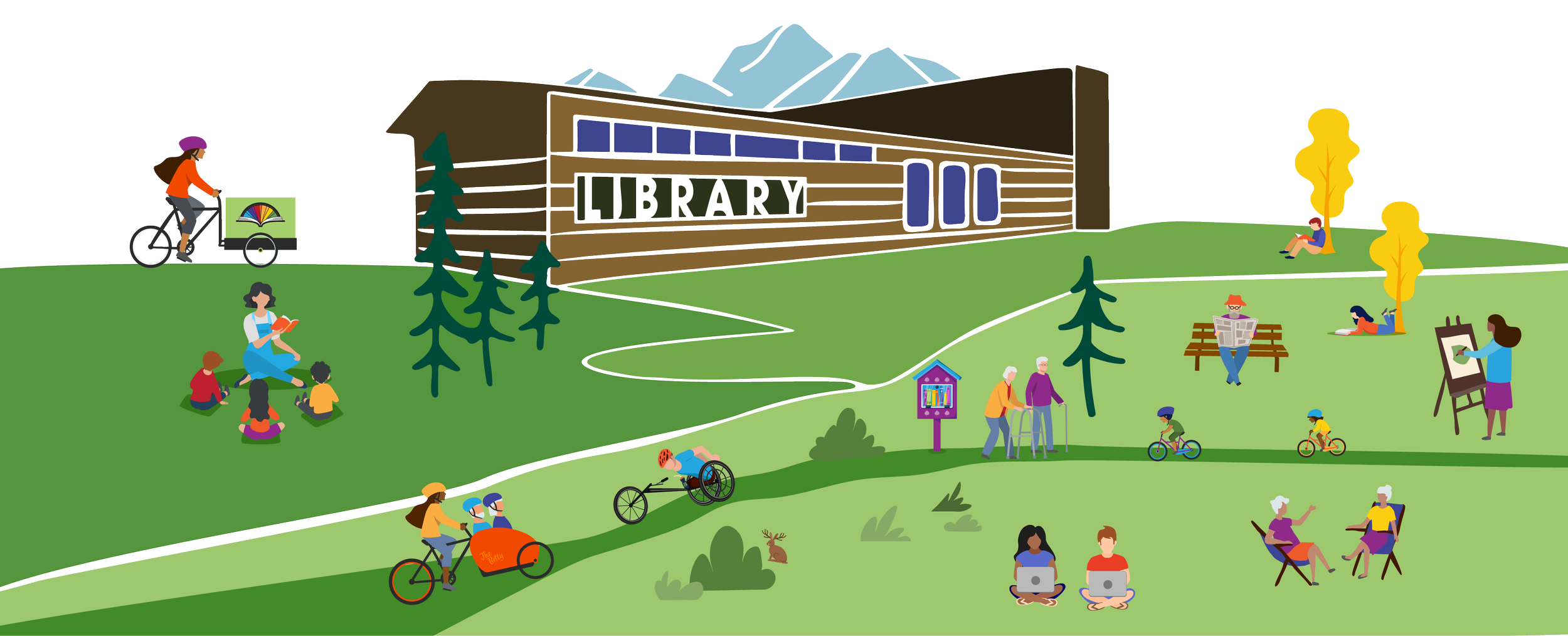 Illustration of a library surrounded by people engaging in outdoor activities such as biking, reading, sitting, chatting, and gardening, with trees, mountains, and clear sky in the background.