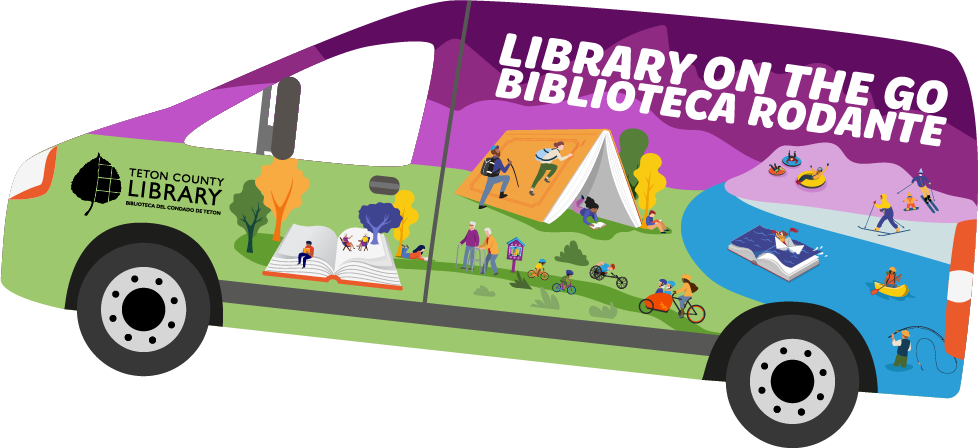 A colorful bus with illustrations promoting the library and outdoor activities, including reading, exercising, biking, and kayaking, with the text 'Library On The Go Biblioteca Rodante'.