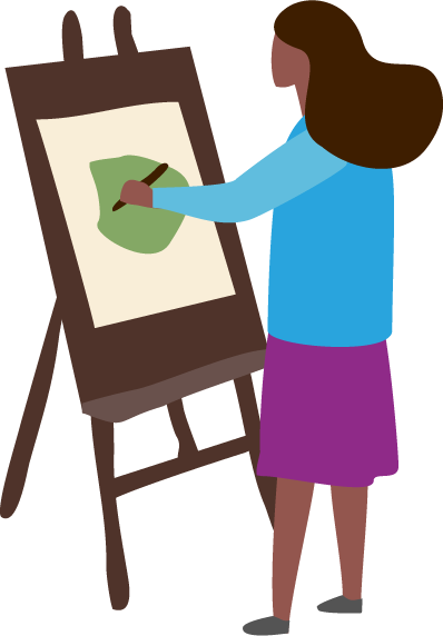A woman painting a landscape on an easel against a black background.