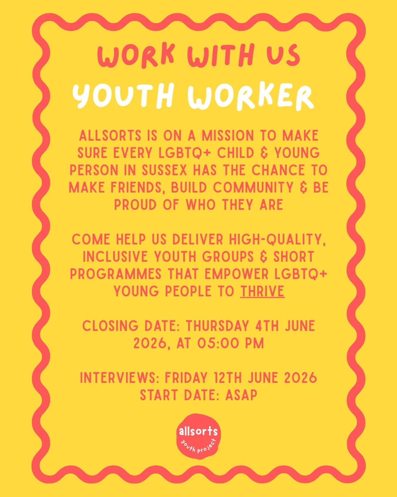Work with us!!! Allsorts Youth Project is currently recruiting for a Youth Worker (37 hours)

The Youth Worker will primarily deliver high-quality, inclusive and responsive youth groups and short programmes that empower LGBTQ+ young people to thrive.