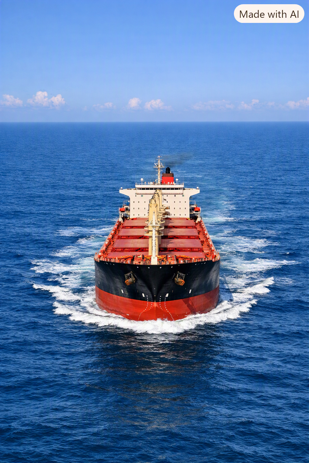 Large cargo ship sailing on the open ocean with a clear blue sky above.