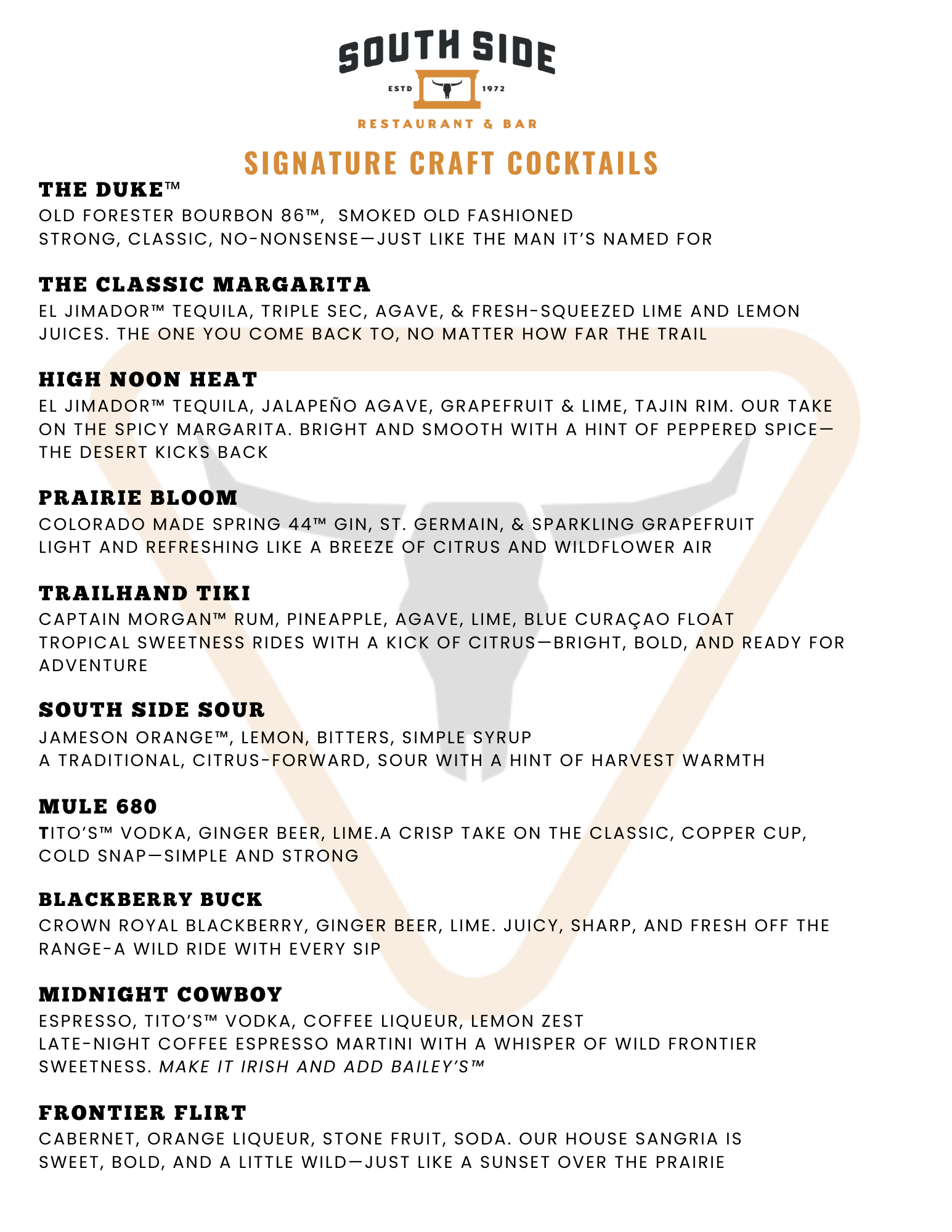 Menu from South Side Restaurant & Bar featuring signature craft cocktails including The Duke, Classic Margarita, High Noon Heat, Prairie Bloom, Trailhand Tiki, South Side Sour, Mule 680, Blackberry Buck, Midnight Cowboy, and Frontier Flirt.