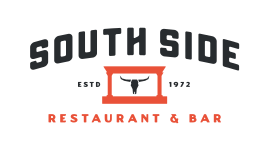 South Side Restaurant & Bar logo with a black background, red text, and a central red and black graphic resembling a bar counter or window