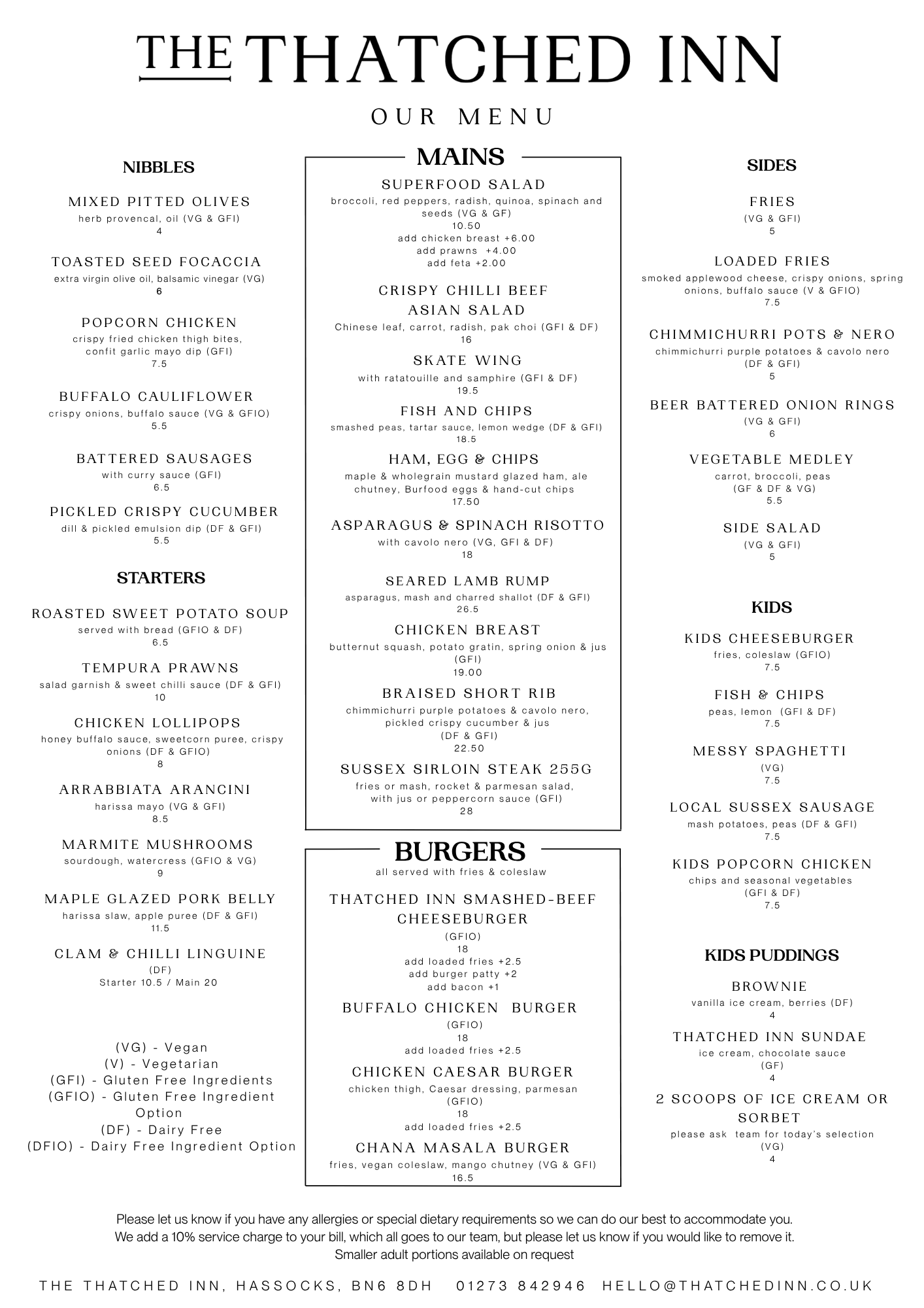 Main menu for springtime at The Thatched Inn local Hassocks pub with variety of pub classics, vegan and vegetarian meals.