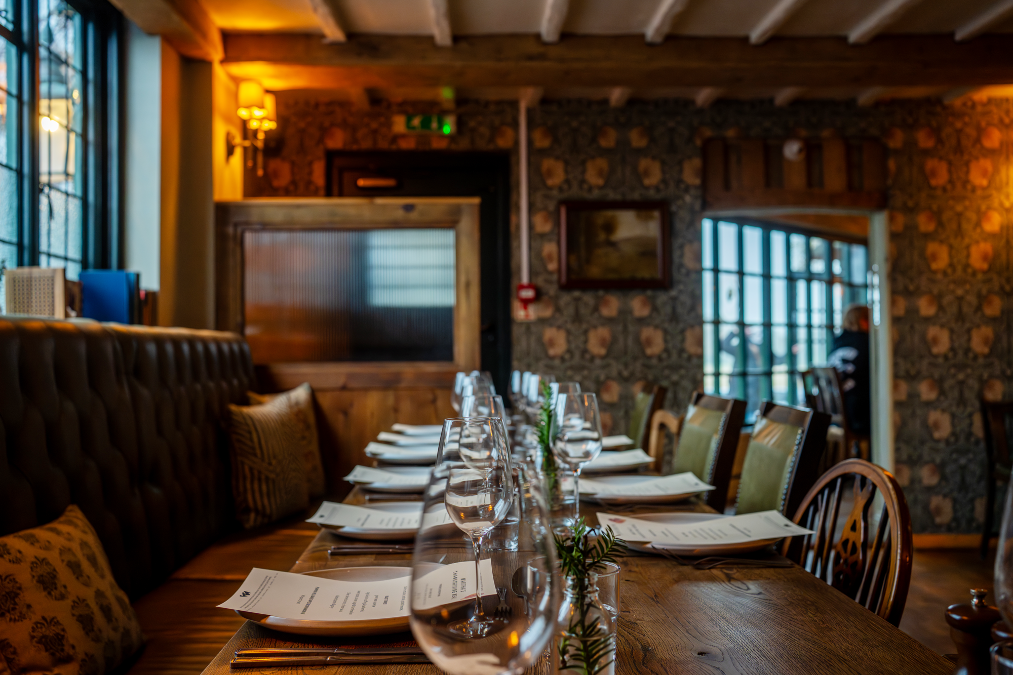 Private hire event setup in the den at The Thatched Inn in Sussex.