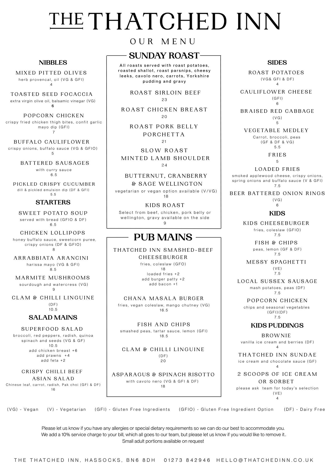 Sunday menu at The Thatched Inn local Hassocks pub, known for top five best roasts in Sussex but has a variety of food for different dietary restrictions like vegan and vegetarian and gluten-free options.