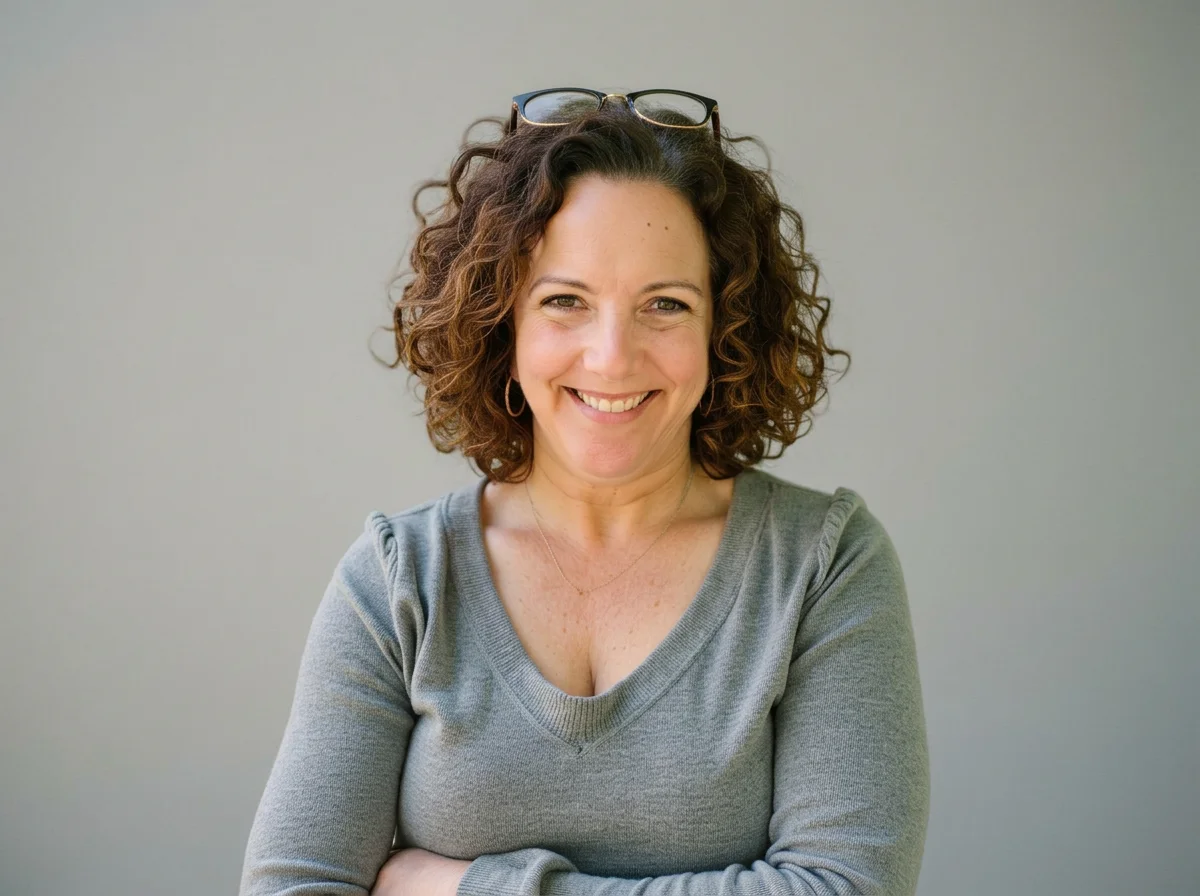 Smiling woman with curly brown hair and glasses resting on her head, wearing a gray V-neck sweater against a plain background