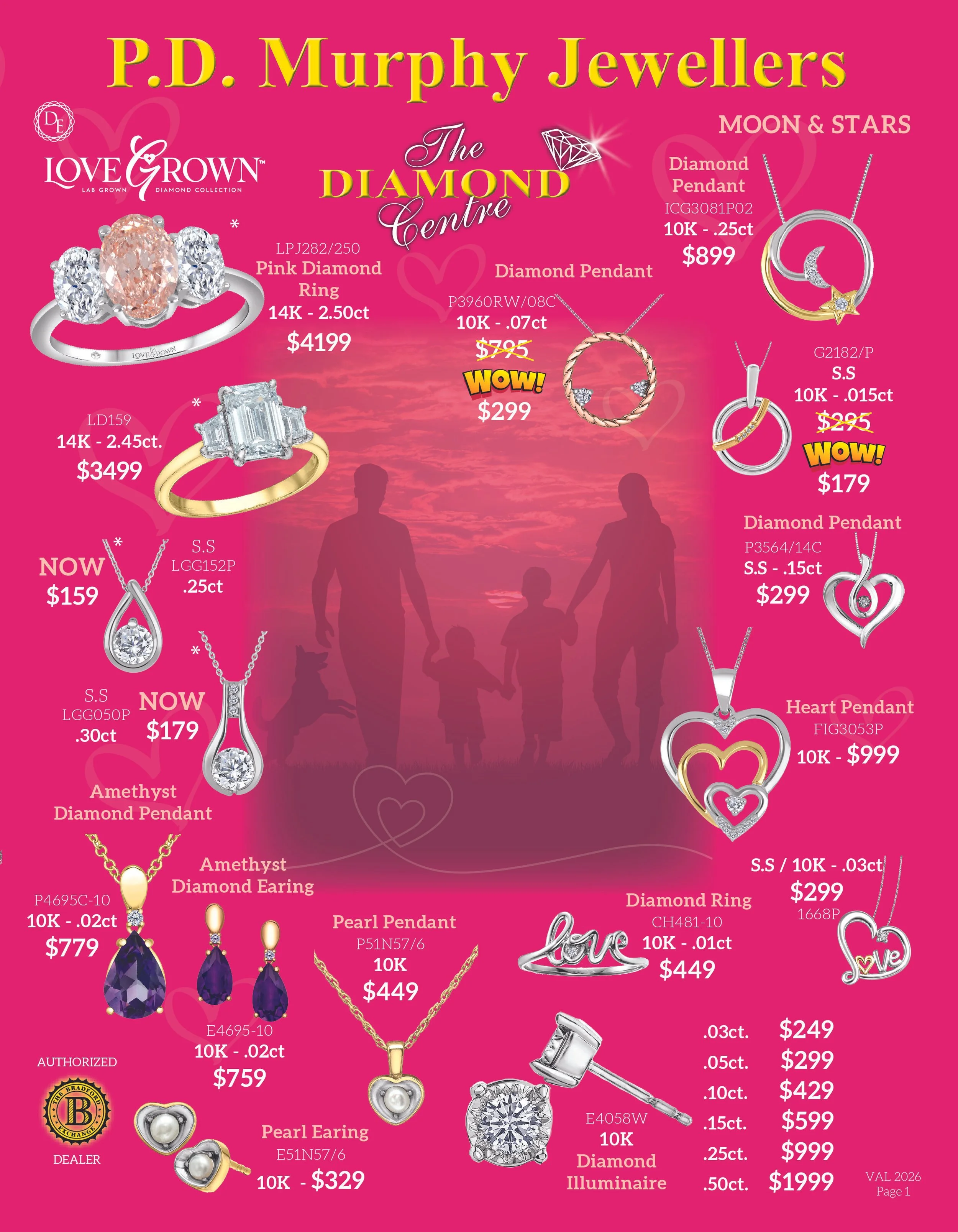 Valentine's Day flyer featuring diamond rings, pendants, earrings, and necklaces.
