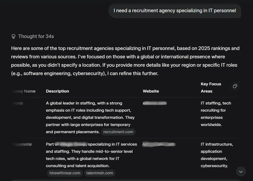 A screenshot of a chat conversation discussing top recruitment agencies specializing in IT personnel, with descriptions and focus areas of different agencies.