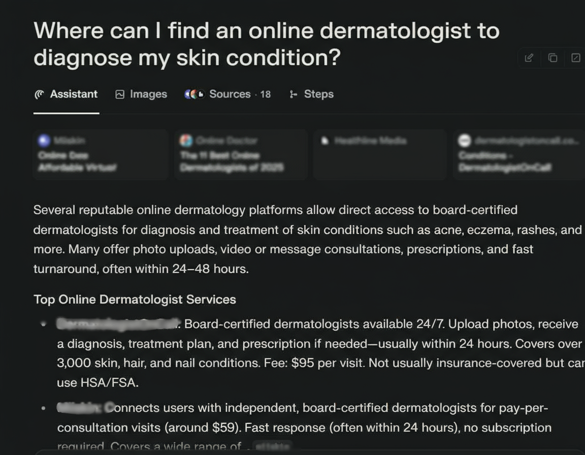 Screenshot of a webpage titled "Where can I find an online dermatologist to diagnose my skin condition?" showing search results for online dermatology services, including options for board-certified dermatologists and pricing details.