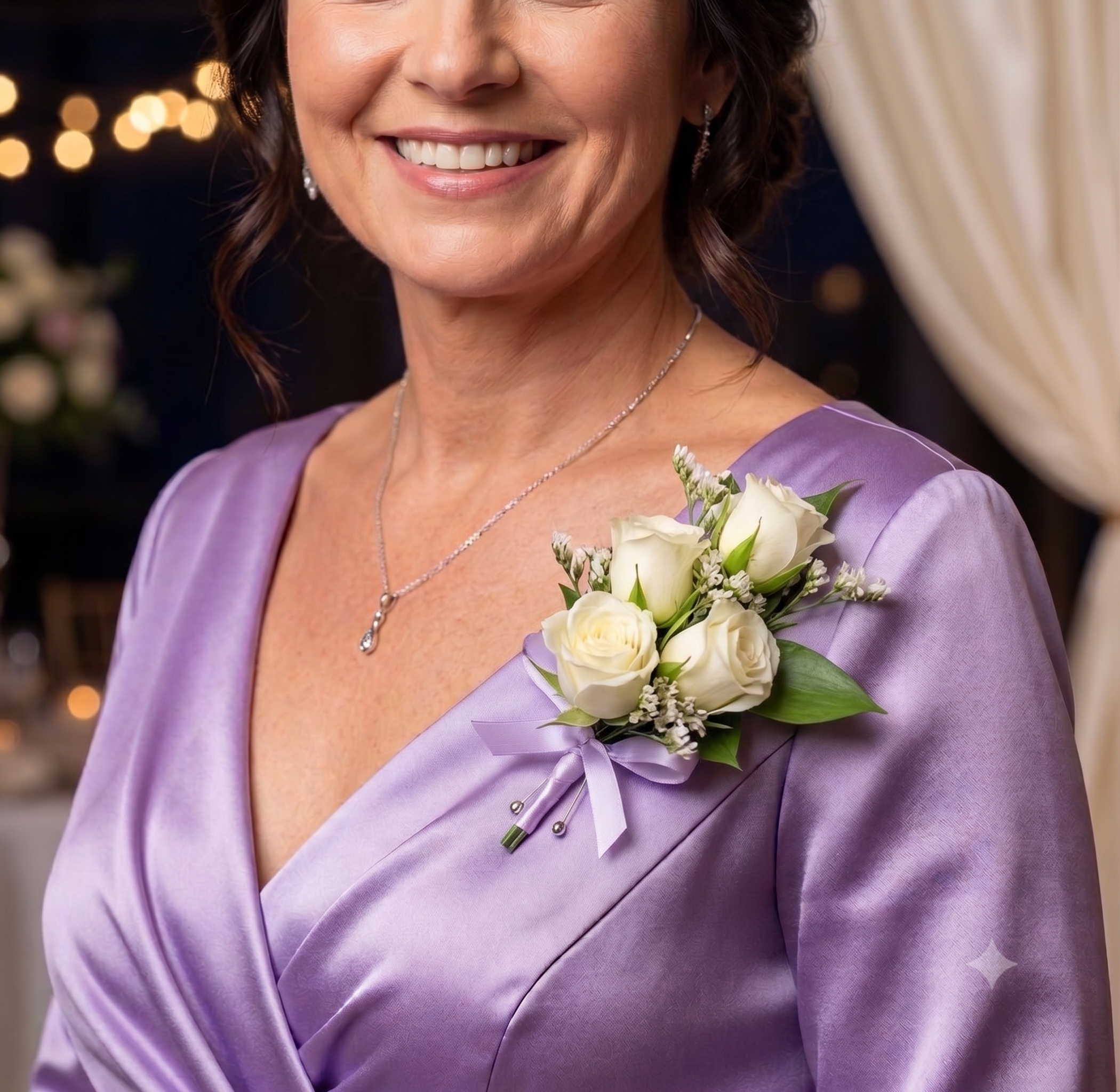 An older woman smiling, wearing a purple dress and holding a small bouquet of white roses, in a setting with blurred background lights.