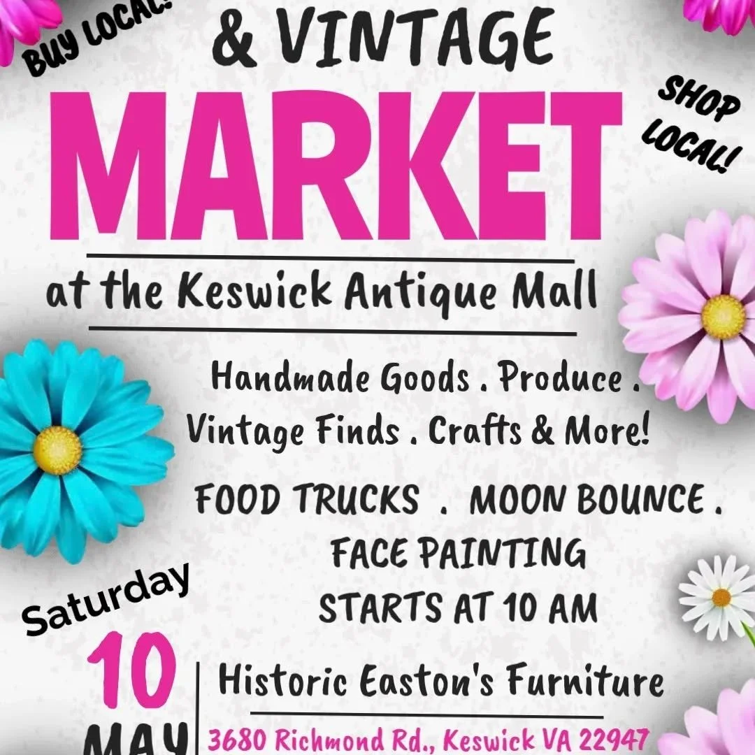 Come see us at the Keswick Antique Mall Farmers Market! Mother's Day is this weekend and we have a ton of beautiful flowers for you to pick from! Jar arrangements, bouquets, and by the stem! Come out and support your local businesses! See you Saturda