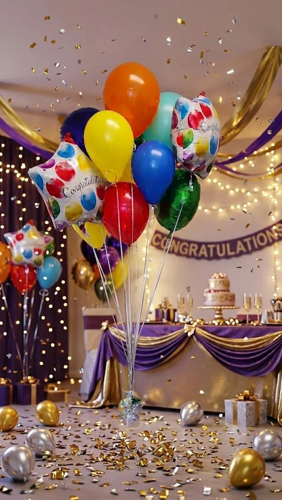 Colorful balloons with confetti falling at a celebration party with a decorated table and 'Congratulations' banner in the background.