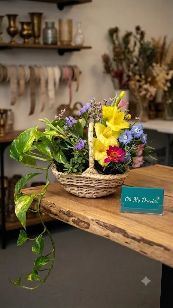 A woven basket filled with colorful flowers including yellow, pink, and purple blooms, placed on a wooden table with a small teal sign that reads "Oh My Daisyes" in a cozy indoor setting with shelves and dried flowers in the background.