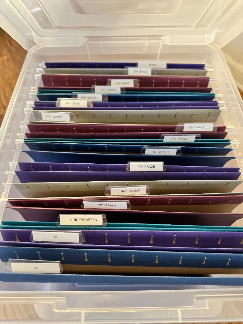 Mutli-colored hanging files with labels for each grade in school