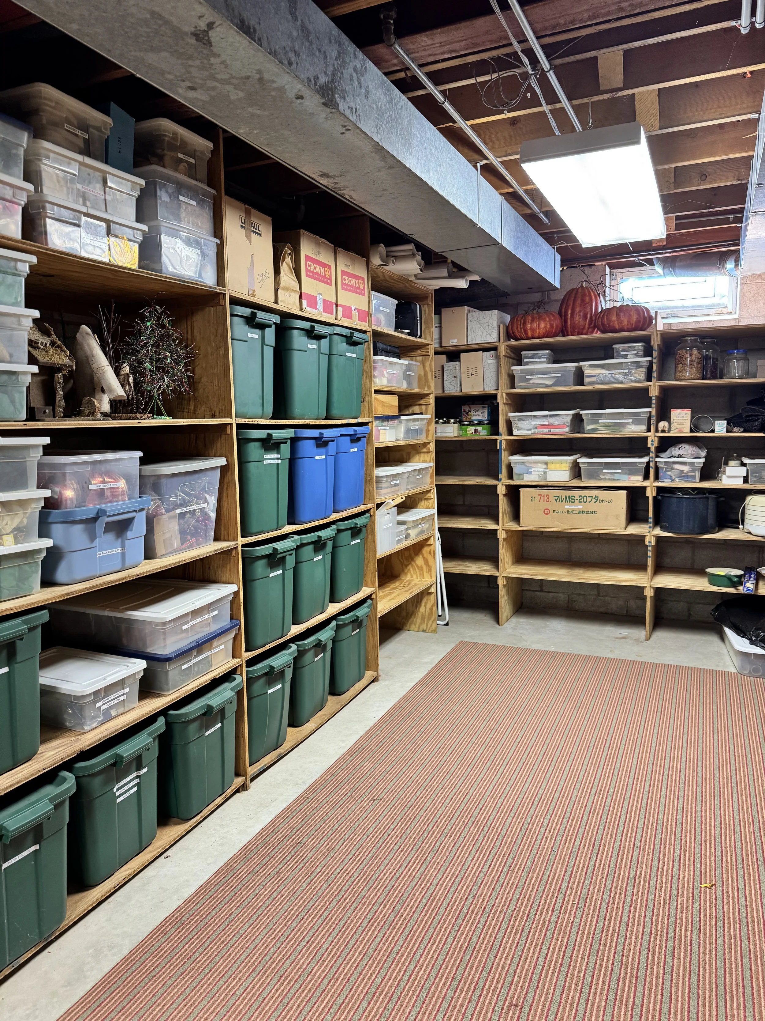 Basement organizing with clear, green and blue containers and white labels