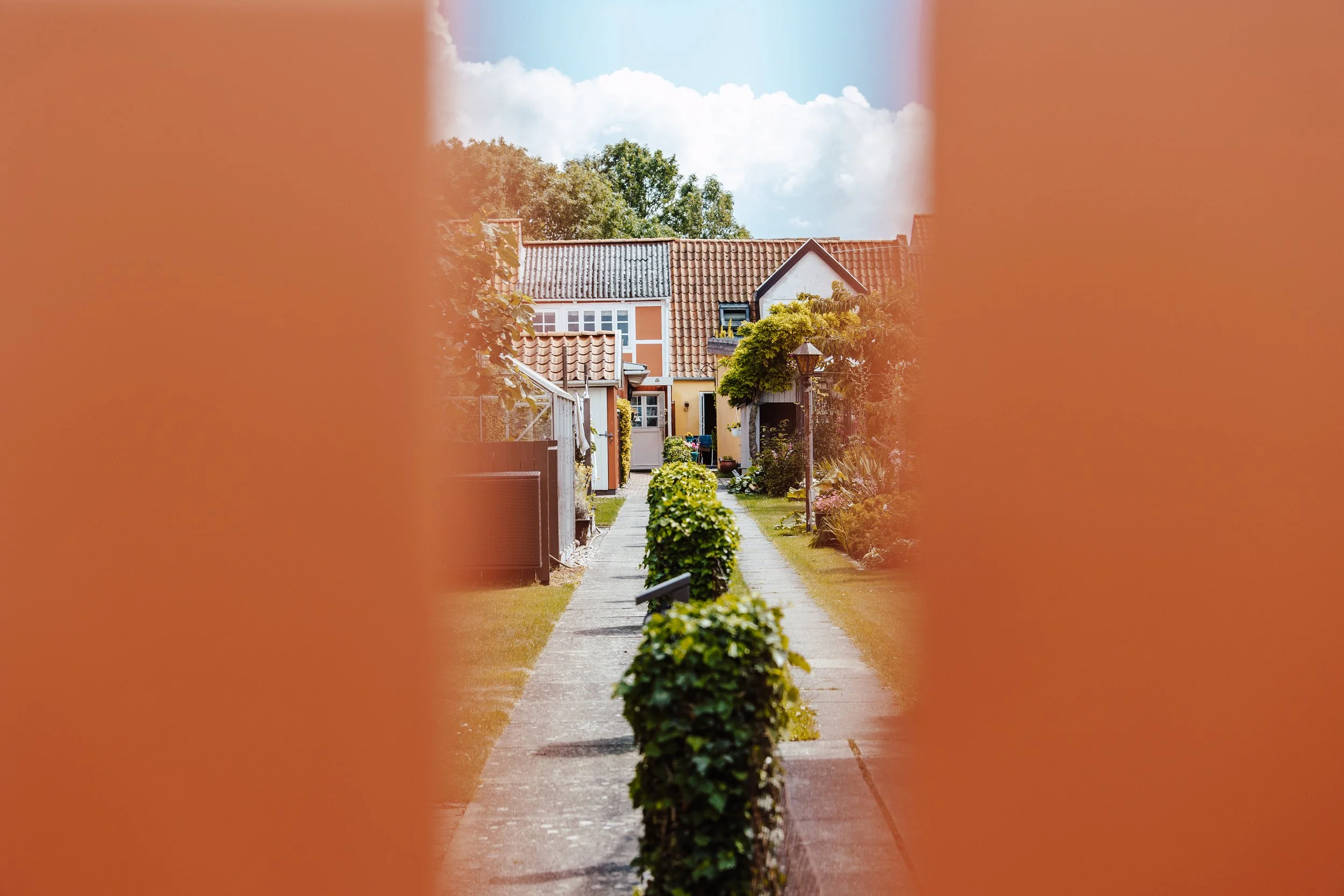 View of a pathway leading to a house, framed by orange-colored fencing on both sides.