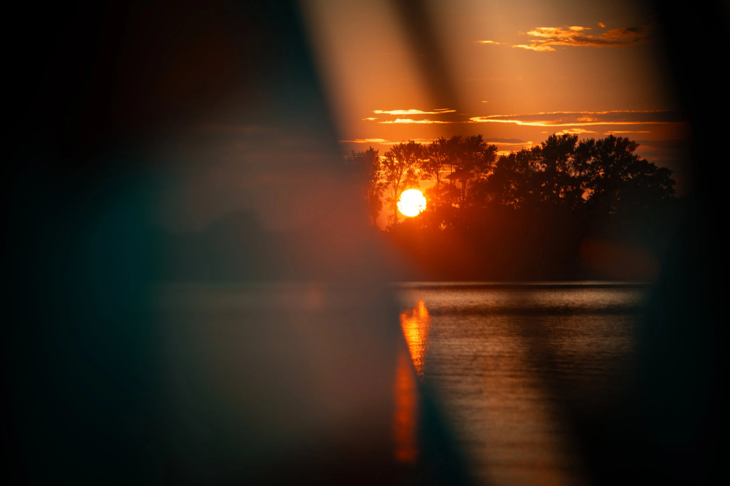 A sunset over a body of water with silhouetted trees in the background, partially obscured by some blurry foreground elements.