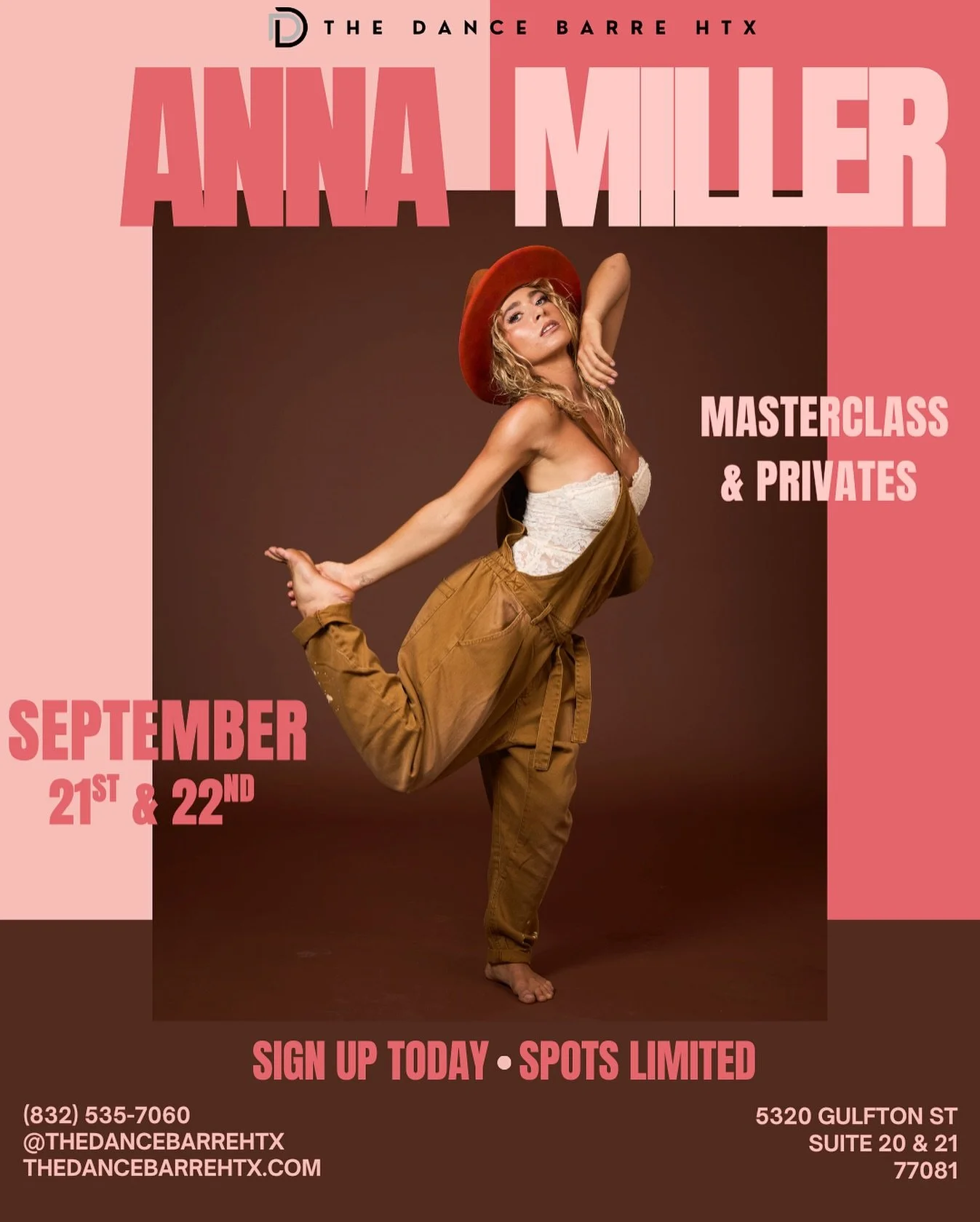 ANNA MILLER X The Dance Barre HTX

We&rsquo;re so excited to welcome the incredible Anna Miller for an exclusive Master Class + Private Sessions at The Dance Barre HTX !
📅 Date: September 21st &amp; 22nd 
📍 Location: 5320 Gulfton St. Suite 20 &amp;