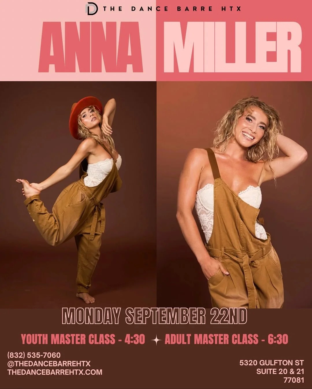 ANNA MILLER MASTER CLASS TONIGHT‼️

Youth MasterClass - 4:30-5:30pm
Adult MasterClass - 6:30- 7:30pm 

LINK IN BIO🔗

#htxdancers #dancestudio #masterclass #sytycd #annamiller #dancer
